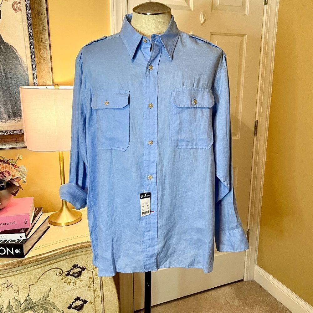 NWT Men's Cremieux Collection Canal Blue Linen Button Up Front Shirt Size XL